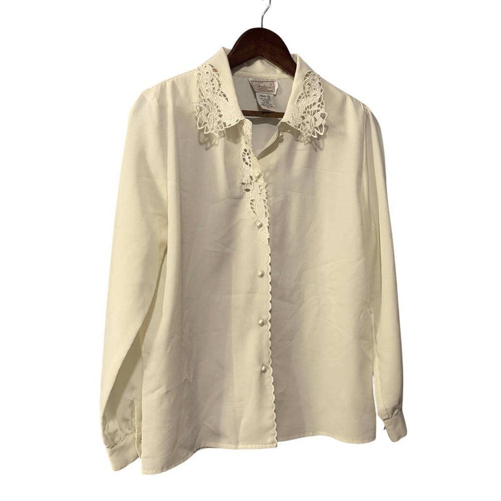 Vintage Sears The Tradition Ivory Lace Collar Blouse Pearl Button Top Womens 10